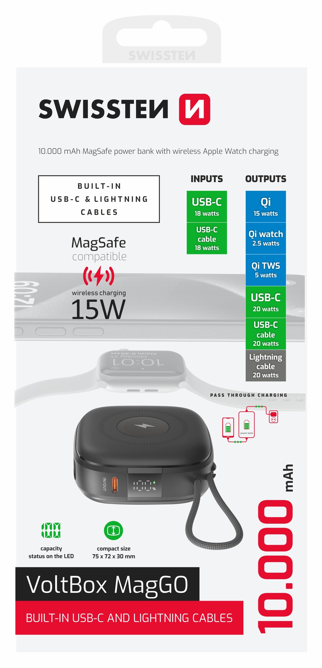 SWISSTEN POWER BANK 10000mAh Qi MagSafe CON LED DISPLAY E CAVI INTEGRATI USB-C E LIGHTNING 20W 22013935