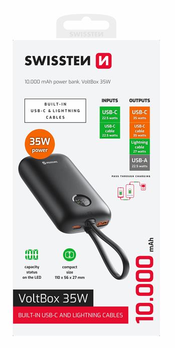 SWISSTEN POWER BANK 10000mAh VOLTBOX CON LED DISPLAY E CAVI INTEGRATI USB-C E LIGHTNING 35W 22013936