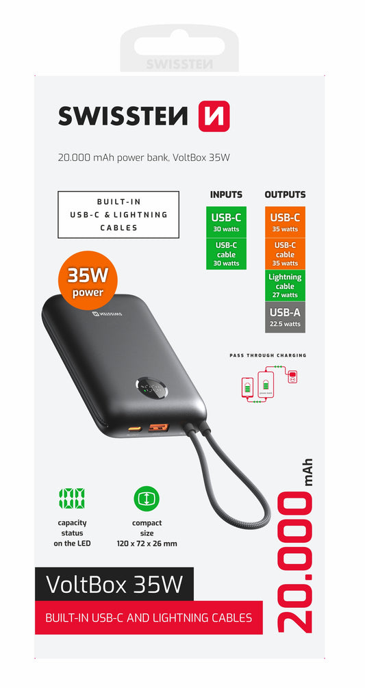 SWISSTEN POWER BANK 20000mAh VOLTBOX CON LED DISPLAY E CAVI INTEGRATI USB-C E LIGHTNING 35W 22013937