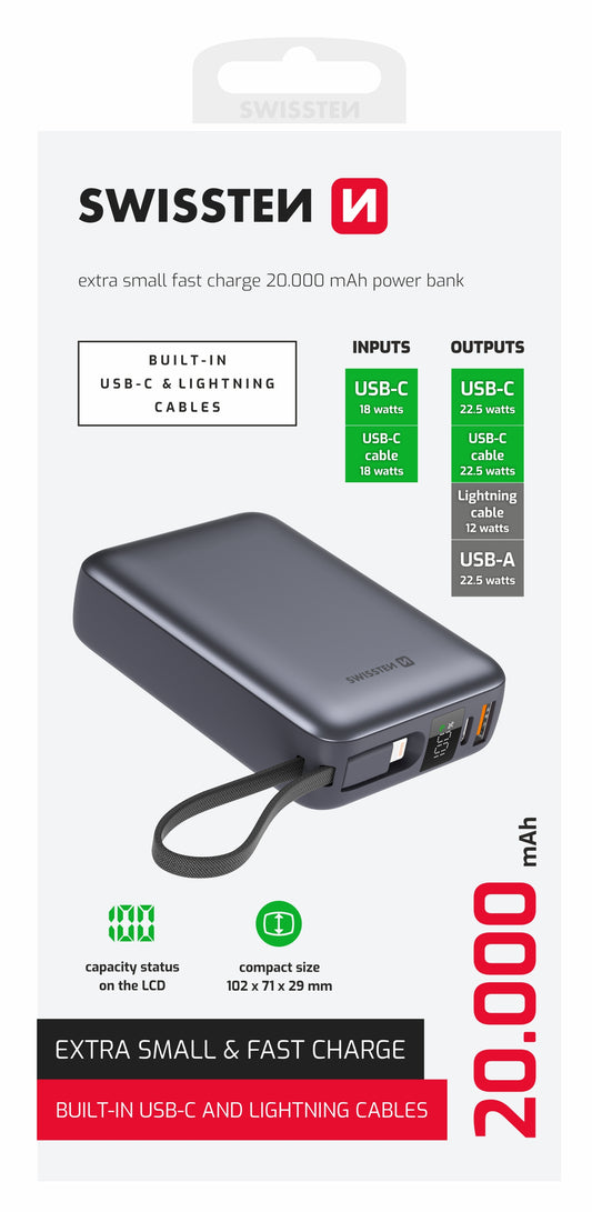 SWISSTEN POWER BANK 20000mAh CON LED DISPLAY E CAVI INTEGRATI USB-C E LIGHTNING 22013945
