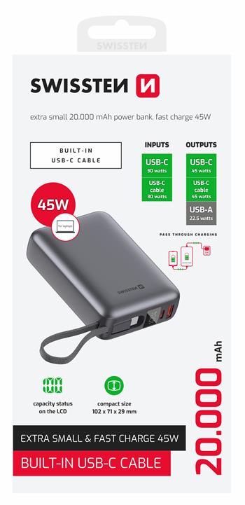 SWISSTEN POWER BANK 20000mAh CON LED DISPLAY E CAVO INTEGRATO USB-C 45W 22013976