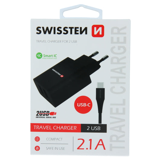 SWISSTEN CARICABATTERIE 10,5W DUE PORTE USB-A 2.1A CON CAVO USB-A USB-C 22054000