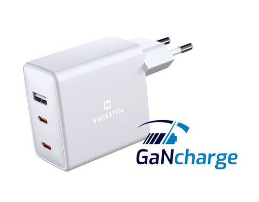 SWISSTEN CARICABATTERIE 70W TRIO (DUE PORTE USB-C ED UNA USB-A) POWER DELIVERY GaN QUICK CHARGER 3.0 22054100