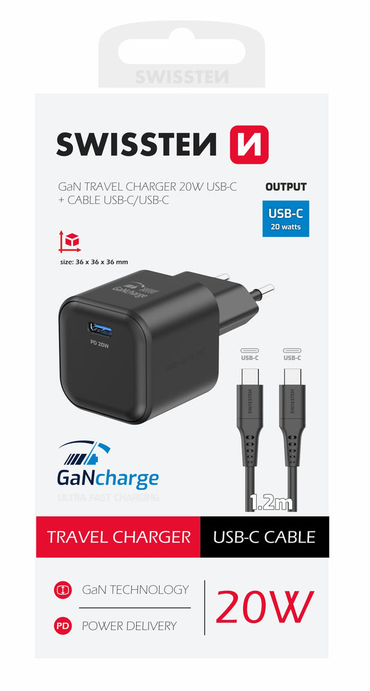 SWISSTEN CARICABATTERIE 20W POWER DELIVERY GaN USB-C CON CAVO USB-C USB-C 60W (480 mb/s) 22070130