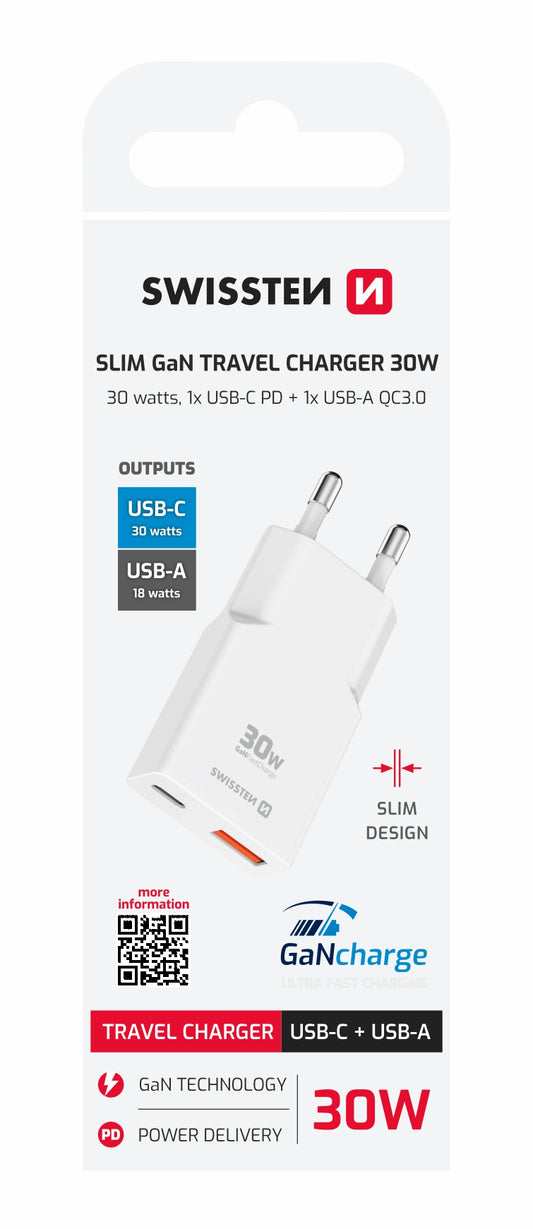 SWISSTEN CARICABATTERIE SLIM 30W DUO (USB-A+USB-C) POWER DELIVERY GaN QUICK CHARGER 3.0