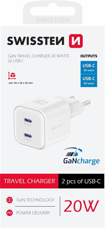 SWISSTEN CARICABATTERIE 20W DUO (USB-C+USB-C) POWER DELIVERY GaN 22070500