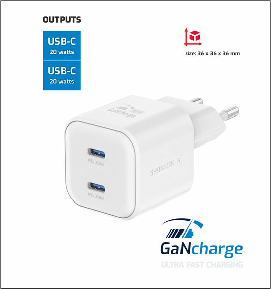SWISSTEN CARICABATTERIE 20W DUO (USB-C+USB-C) POWER DELIVERY GaN 22070500