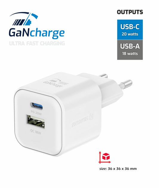 SWISSTEN CARICABATTERIE 20W DUO (USB-A+USB-C) POWER DELIVERY GaN QUICK CHARGER 3.0 22071100