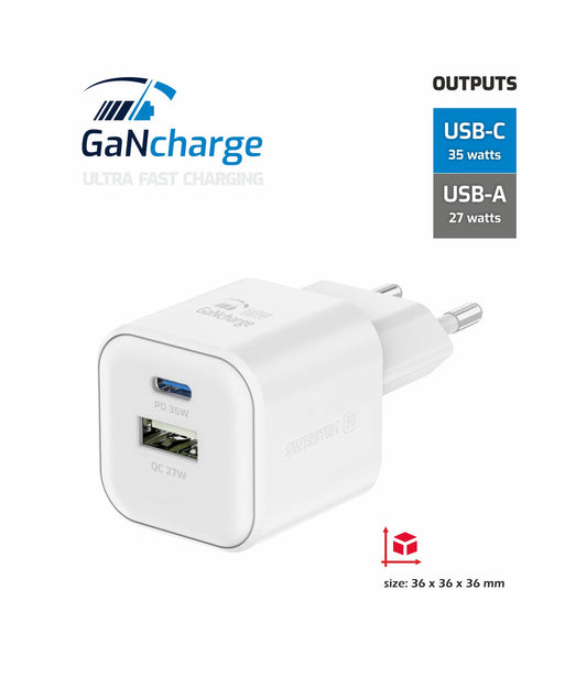 SWISSTEN CARICABATTERIE 35W DUO (USB-A+USB-C) POWER DELIVERY GaN QUICK CHARGER 3.0 22071200