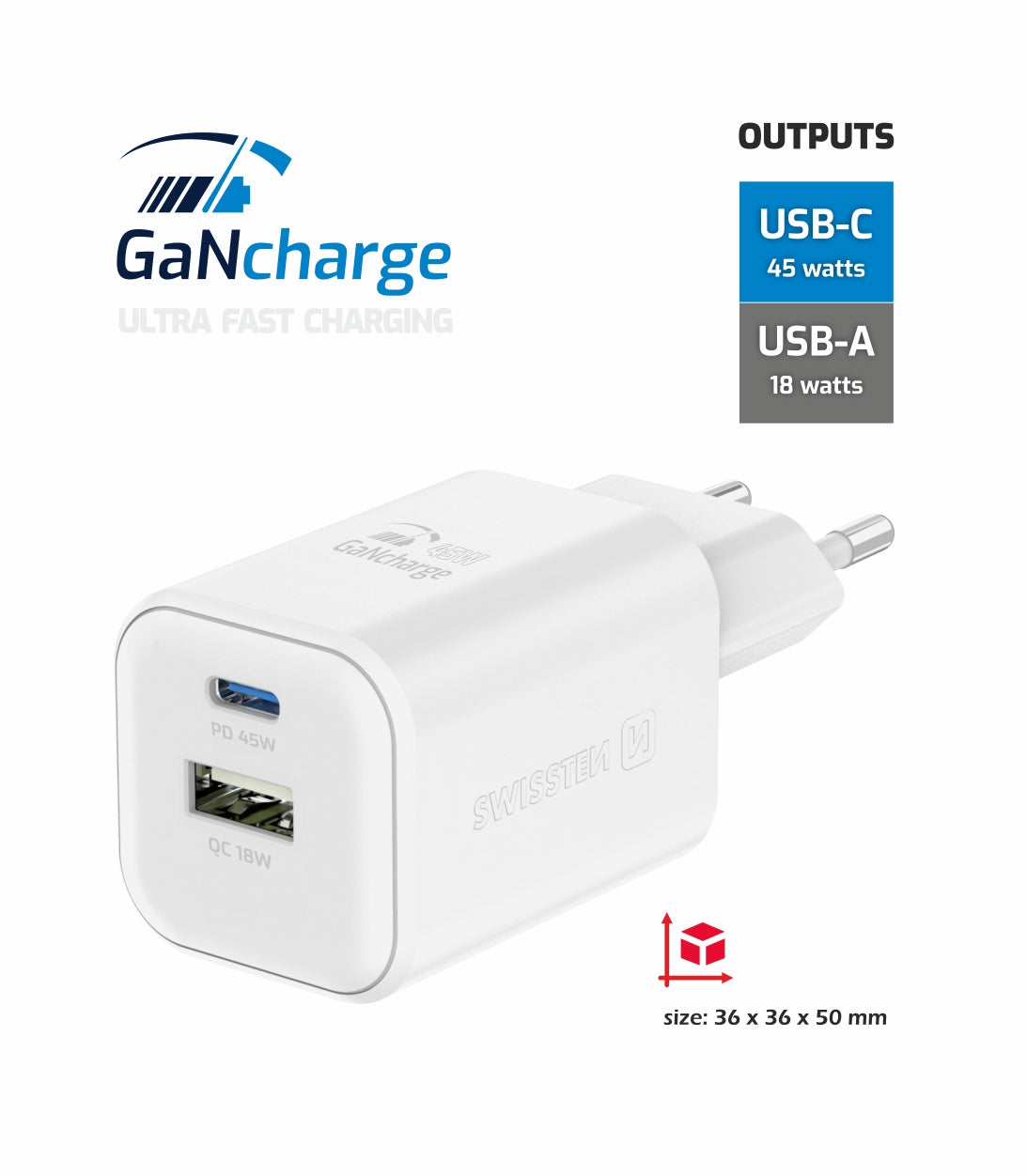 SWISSTEN CARICABATTERIE 45W DUO (USB-A+USB-C) POWER DELIVERY GaN QUICK CHARGER 3.0 22071300