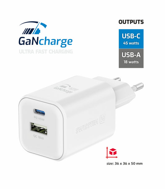 SWISSTEN CARICABATTERIE 45W DUO (USB-A+USB-C) POWER DELIVERY GaN QUICK CHARGER 3.0 22071300