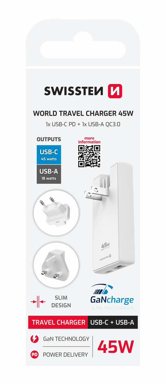SWISSTEN WORLD TRAVEL CHARGER CARICABATTERIE 45W DUE PORTE (USB-A USB-C) GaN Quick Charge 3.0 CON TRE ADATTATORI 22071320