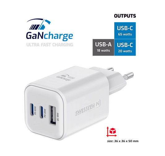 SWISSTEN CARICABATTERIE 65W TRIO (DUE PORTE USB-C ED UNA USB-A) POWER DELIVERY GaN QUICK CHARGER 3.0 22071400
