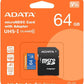 ADATA microSDHC 64GB CLASSE 10 UHS-1 U1 CON ADATTATORE AUSDX64GUICL10A1-RA1