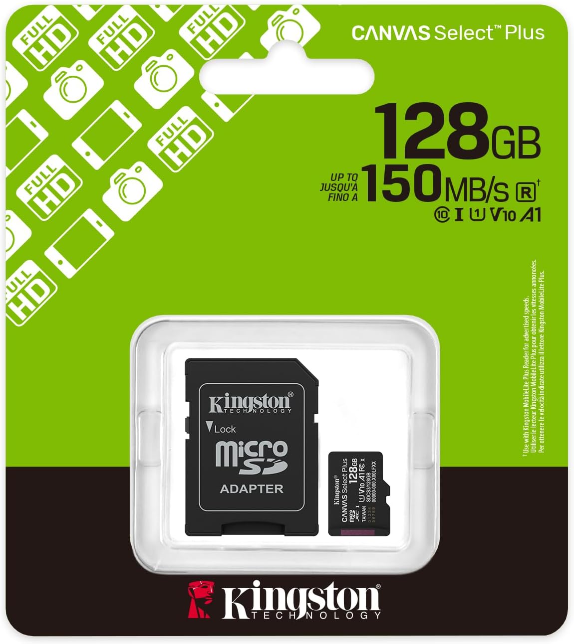 KINGSTON microSDHC 128GB CANVAS SELECT PLUS CLASSE 10 SDCS3/128GB CON ADATTATORE