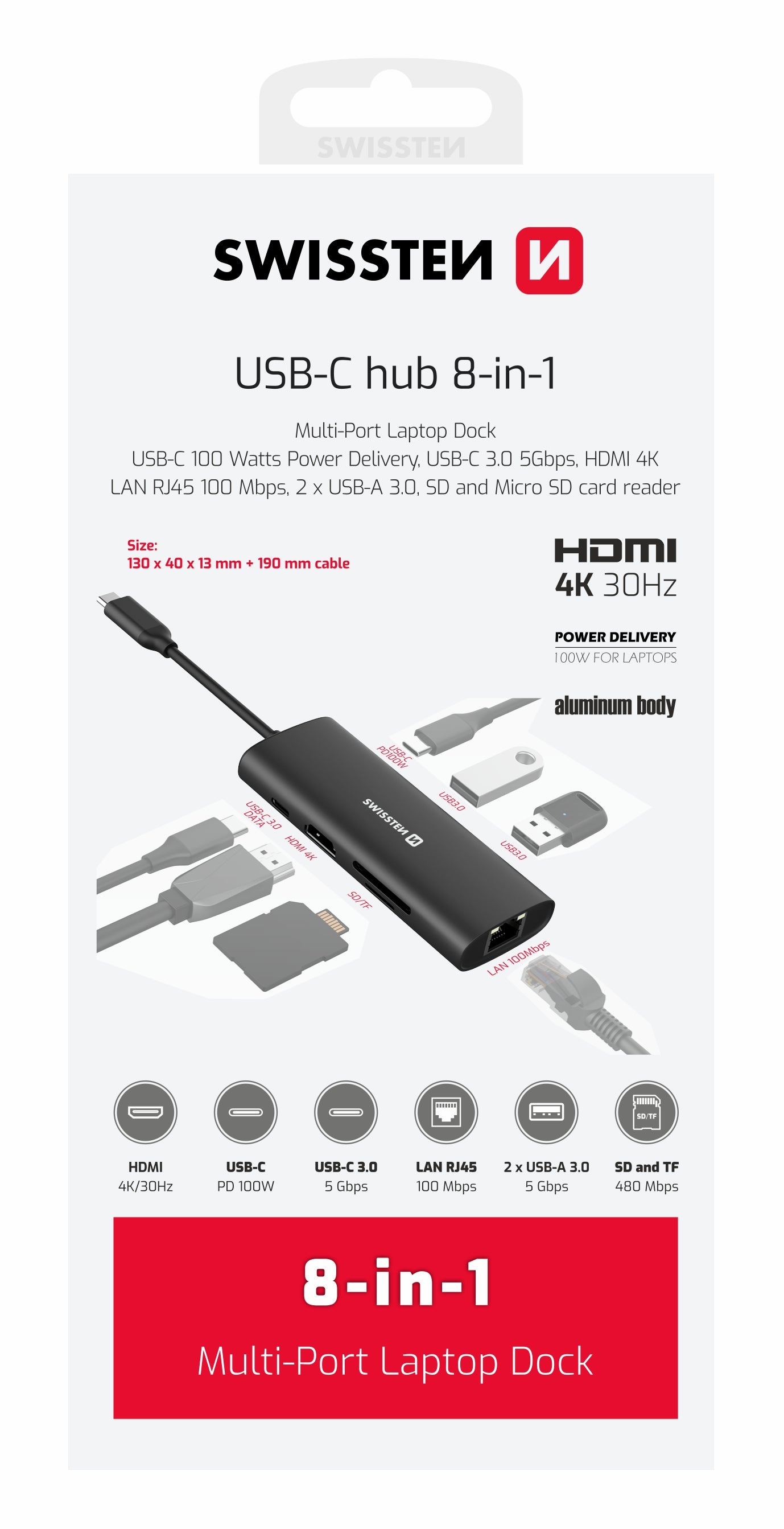SWISSTEN HUB USB-C 8 IN 1 HDMI 4K 44040203