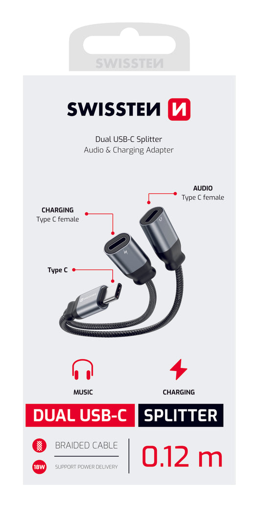 SWISSTEN SPLITTER ADATTATORE AUDIO E RICARICA USB-C MASCHIO USB-C FEMMINA X2 73502302