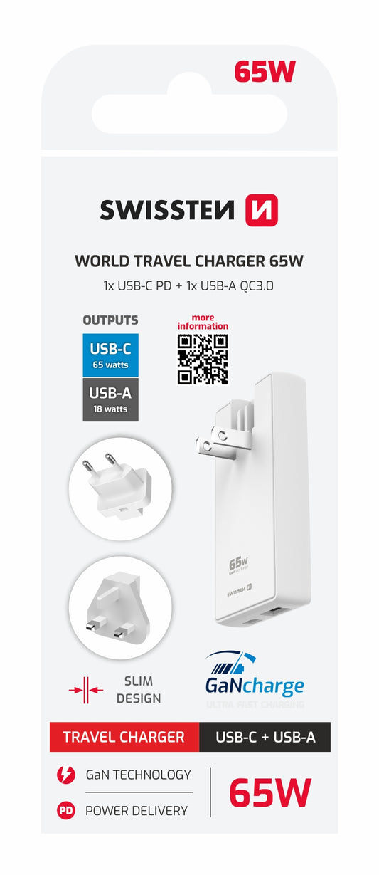 SWISSTEN WORLD TRAVEL CHARGER CARICABATTERIE 65W DUE PORTE (USB-A USB-C) GaN Quick Charge 3.0 CON TRE ADATTATORI 22071420