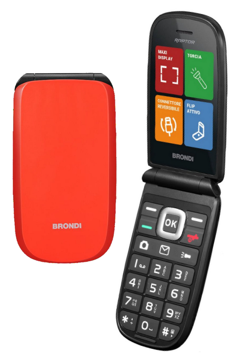 TELEFONO CELLULARE PER ANZIANI FACILE A CONCHIGLIA CON TASTO SOS BRONDI RAPTOR ROSSO