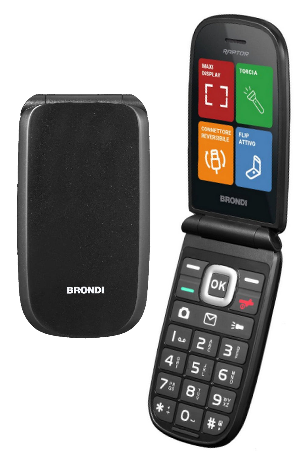 TELEFONO CELLULARE PER ANZIANI FACILE A CONCHIGLIA CON TASTO SOS BRONDI RAPTOR NERO