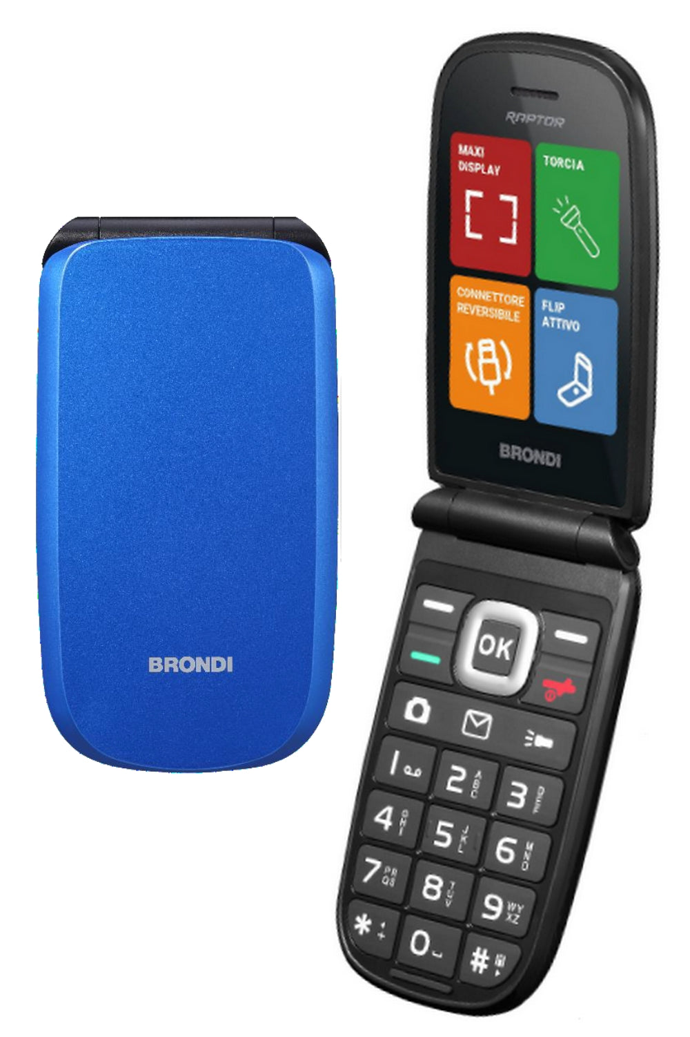 TELEFONO CELLULARE PER ANZIANI FACILE A CONCHIGLIA CON TASTO SOS BRONDI RAPTOR BLU