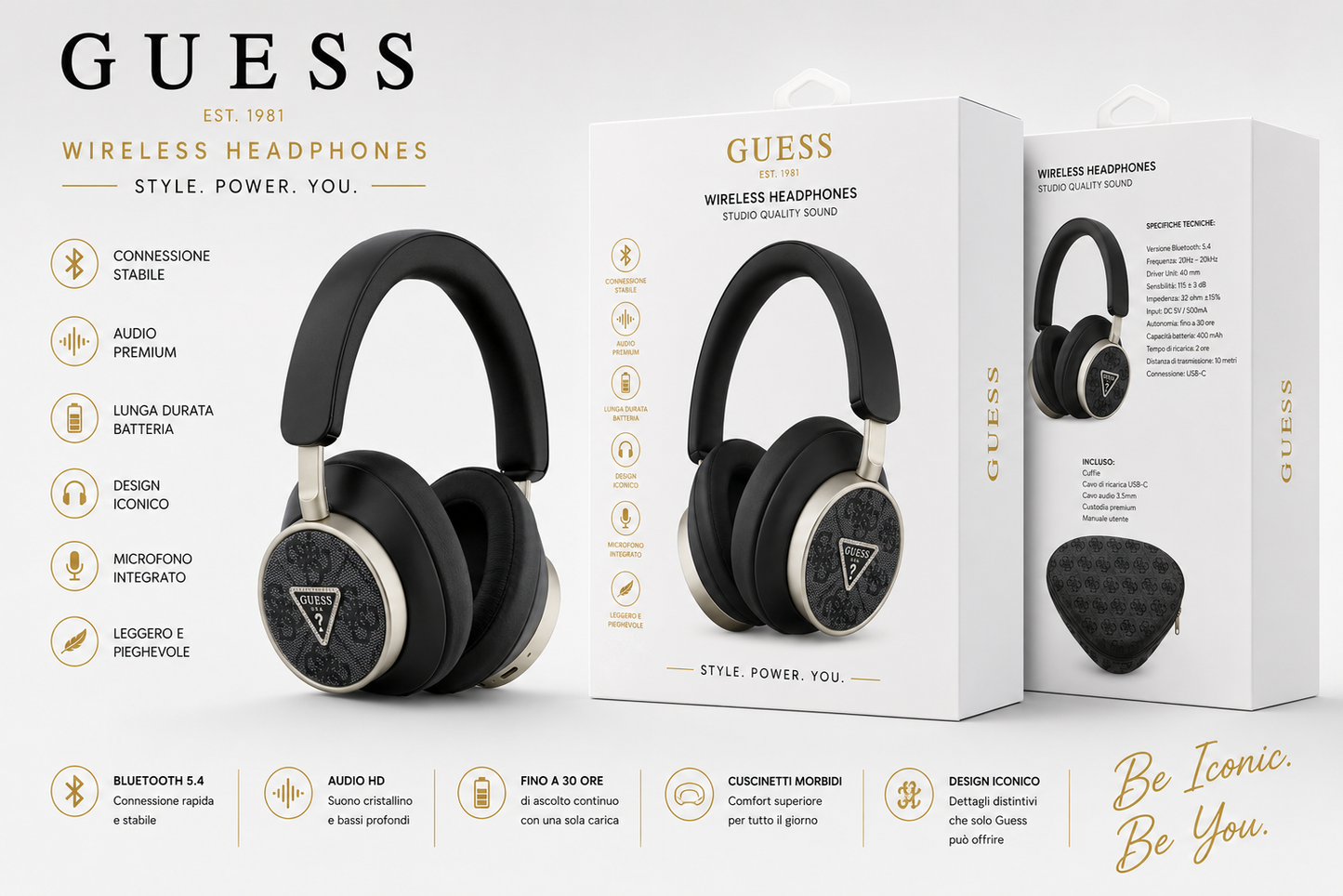 GUESS CUFFIE BLUETOOTH CON MICROFONO ANC ACTIVE NOISE CANCELLATION ENC