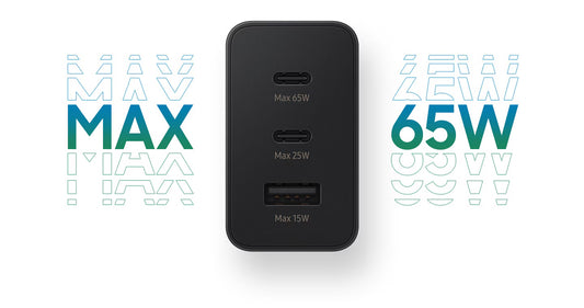 SAMSUNG CARICABATTERIE ORIGINALE UNIVERSALE SUPER FAST CHARGING TRIO 65W (DUE PORTE USB-C ED UNA USB-A) EP-T6530NBEGEU