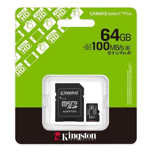 KINGSTON microSDHC 64GB CANVAS SELECT PLUS CLASSE 10 SDCS3/64GB CON ADATTATORE