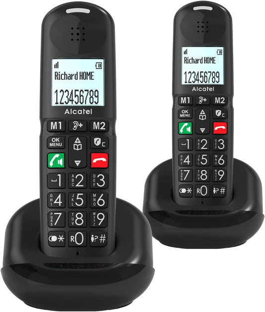 ALCATEL TELEFONO CORDLESS DUO CON VIVAVOCE TASTI E NUMERI GRANDI MEMORIE DIRETTE ASCOLTO AMPLIFICATO BLOCCO CHIAMATE XL685 DUO NERO