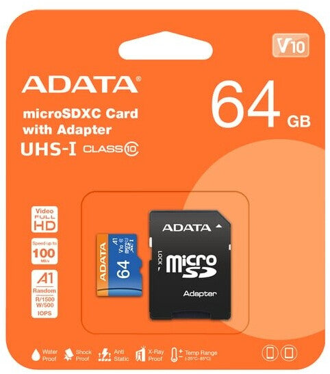 ADATA microSDHC 64GB CLASSE 10 UHS-1 U1 CON ADATTATORE AUSDX64GUICL10A1-RA1