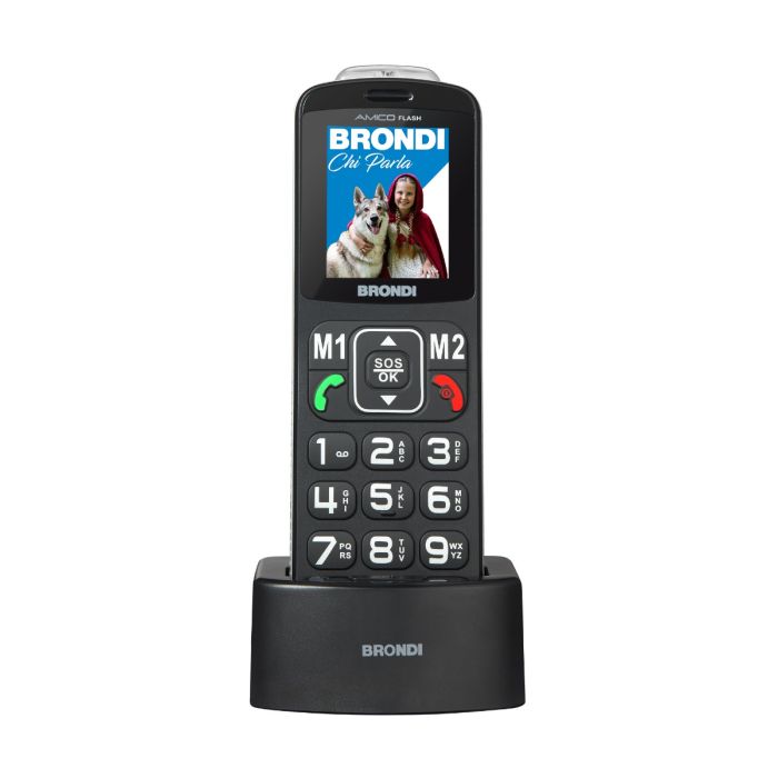 TELEFONO CELLULARE PER ANZIANI FACILE CON TASTO SOS BRONDI AMICO FLASH BLACK  NERO