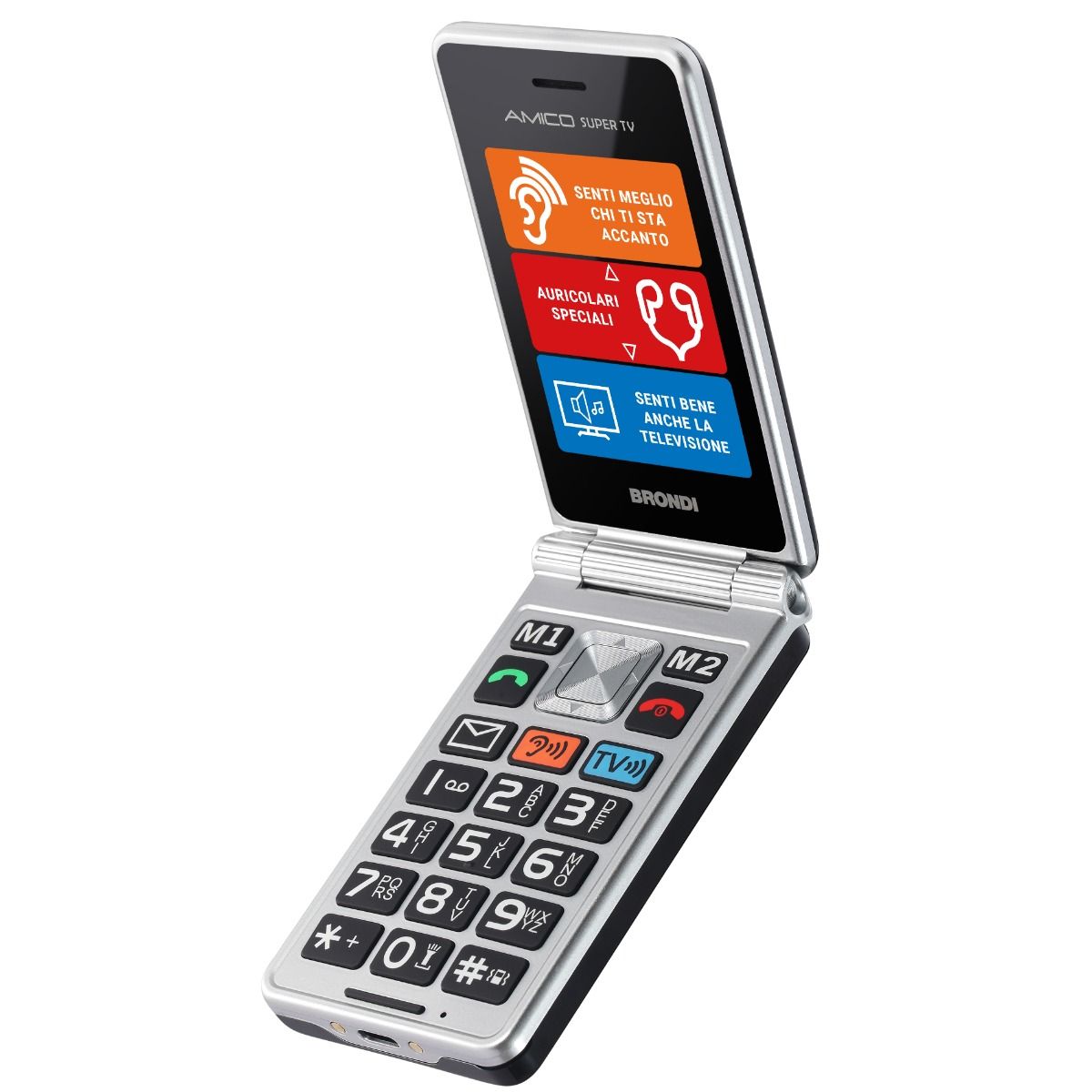 TELEFONO CELLULARE PER ANZIANI FACILE A CONCHIGLIA CON TASTO SOS BRONDI AMICO SUPER TV NERO