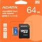 ADATA microSDHC 64GB CLASSE 10 UHS-1 U1 CON ADATTATORE AUSDX64GUICL10A1-RA1