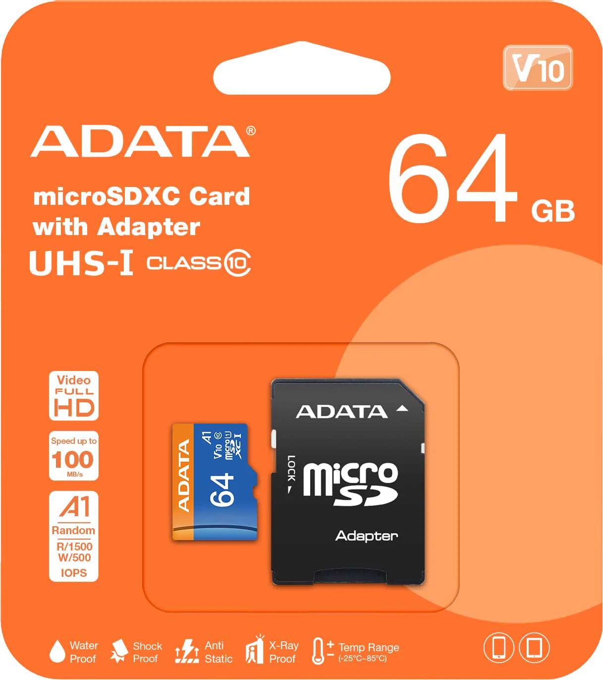 ADATA microSDHC 64GB CLASSE 10 UHS-1 U1 CON ADATTATORE AUSDX64GUICL10A1-RA1