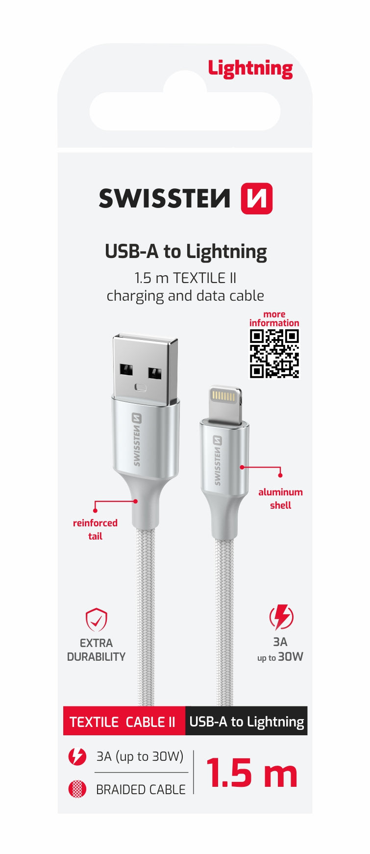 SWISSTEN CAVO DATI INTRECCIATO USB-A / LIGHTNING DA 1,5MT 3A 71523310
