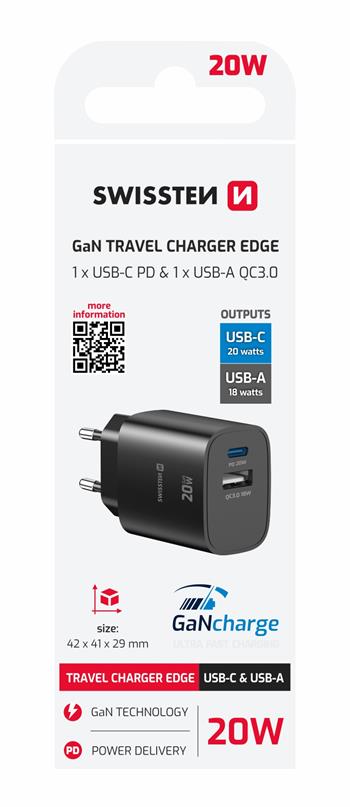 SWISSTEN CARICABATTERIE 20W DUO (USB-A+USB-C) POWER DELIVERY GaN QUICK CHARGER 3.0