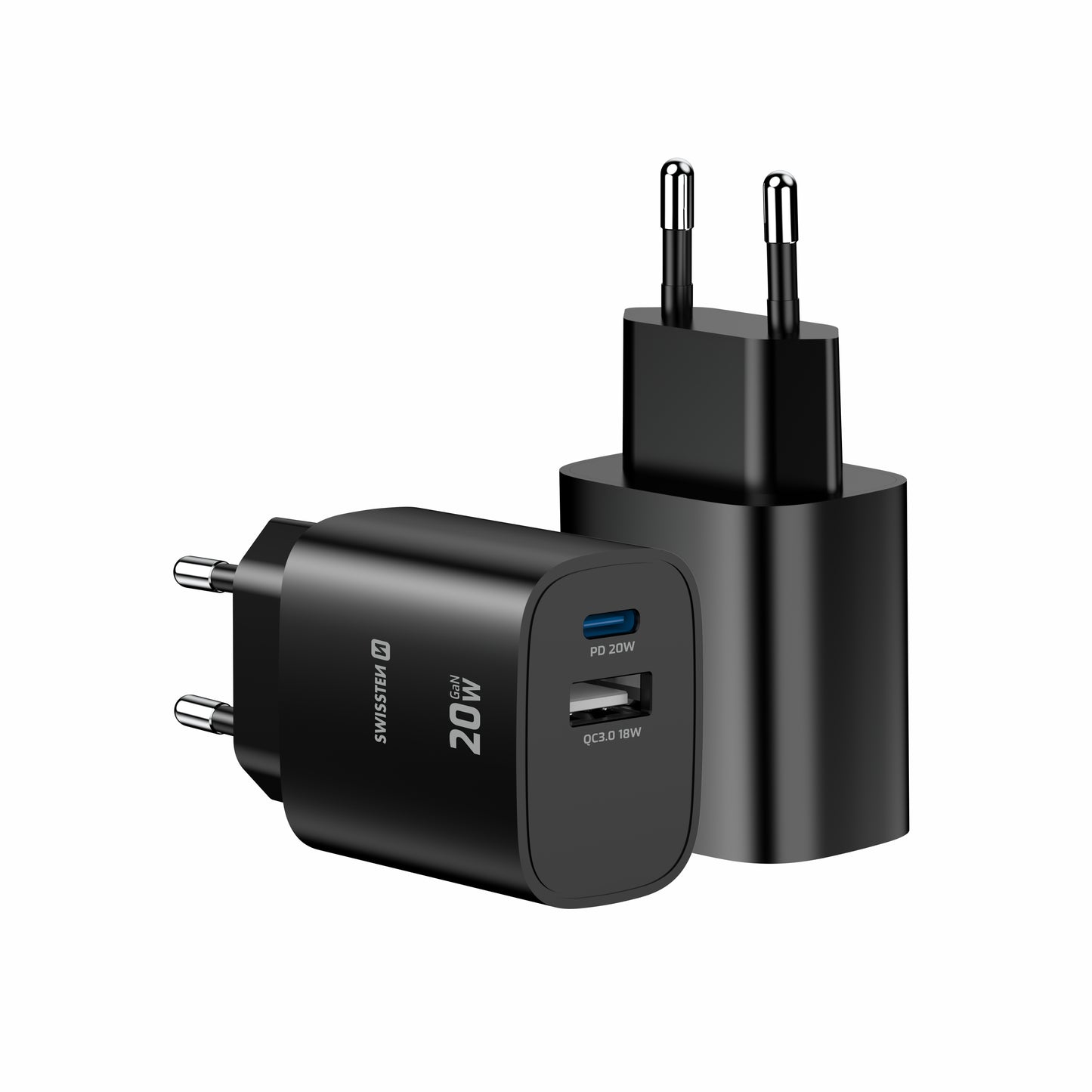 SWISSTEN CARICABATTERIE 20W DUO (USB-A+USB-C) POWER DELIVERY GaN QUICK CHARGER 3.0