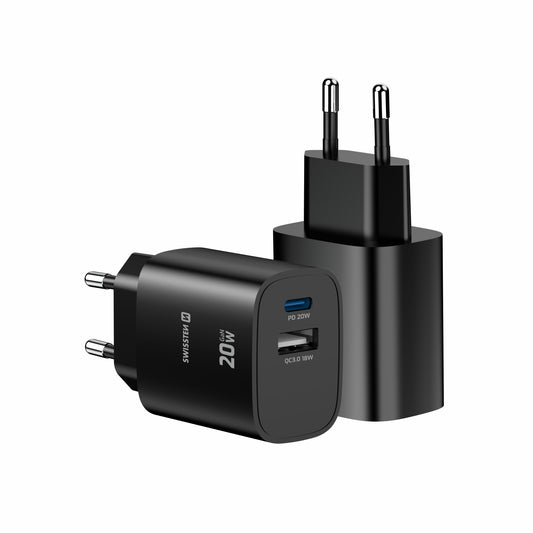 SWISSTEN CARICABATTERIE 20W DUO (USB-A+USB-C) POWER DELIVERY GaN QUICK CHARGER 3.0