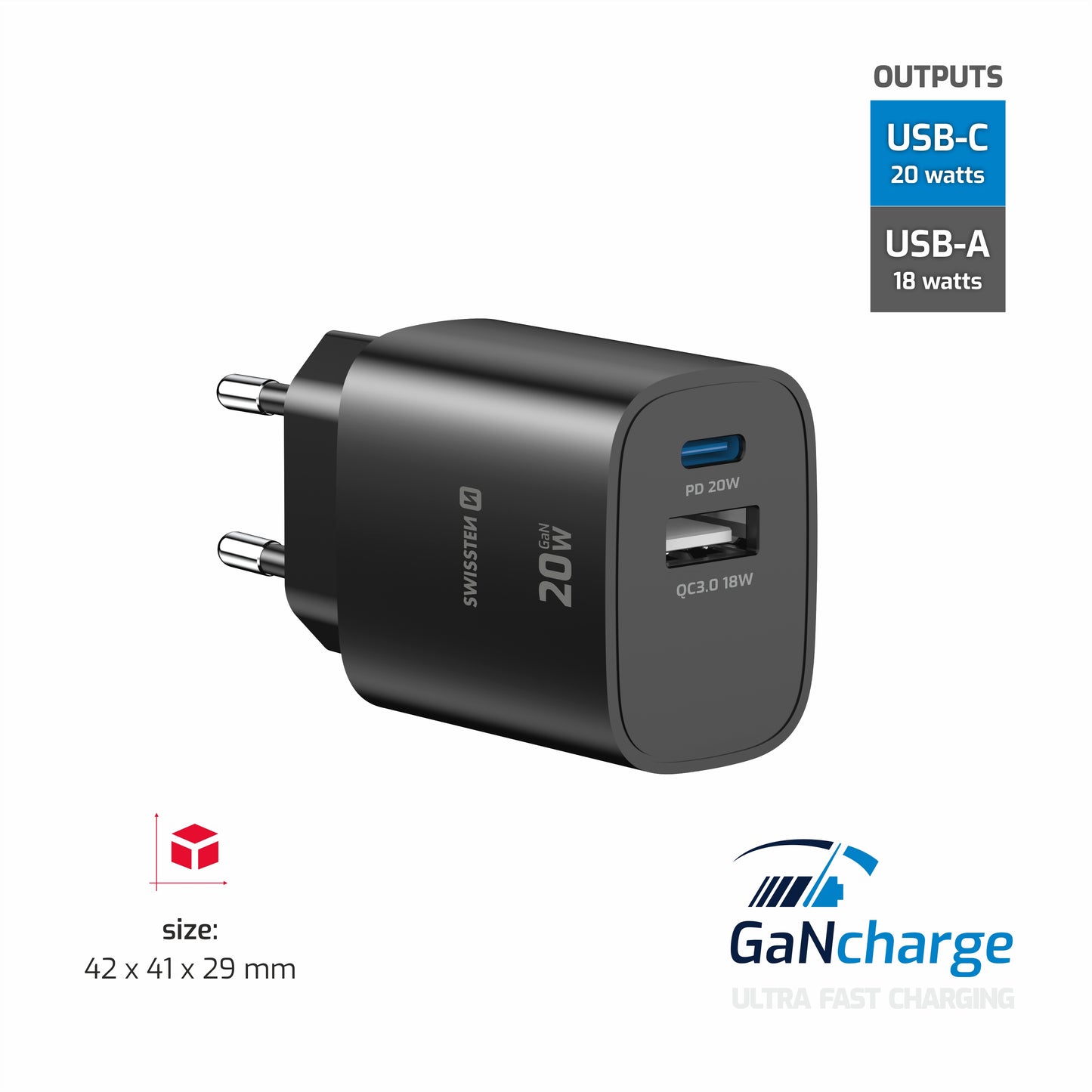 SWISSTEN CARICABATTERIE 20W DUO (USB-A+USB-C) POWER DELIVERY GaN QUICK CHARGER 3.0