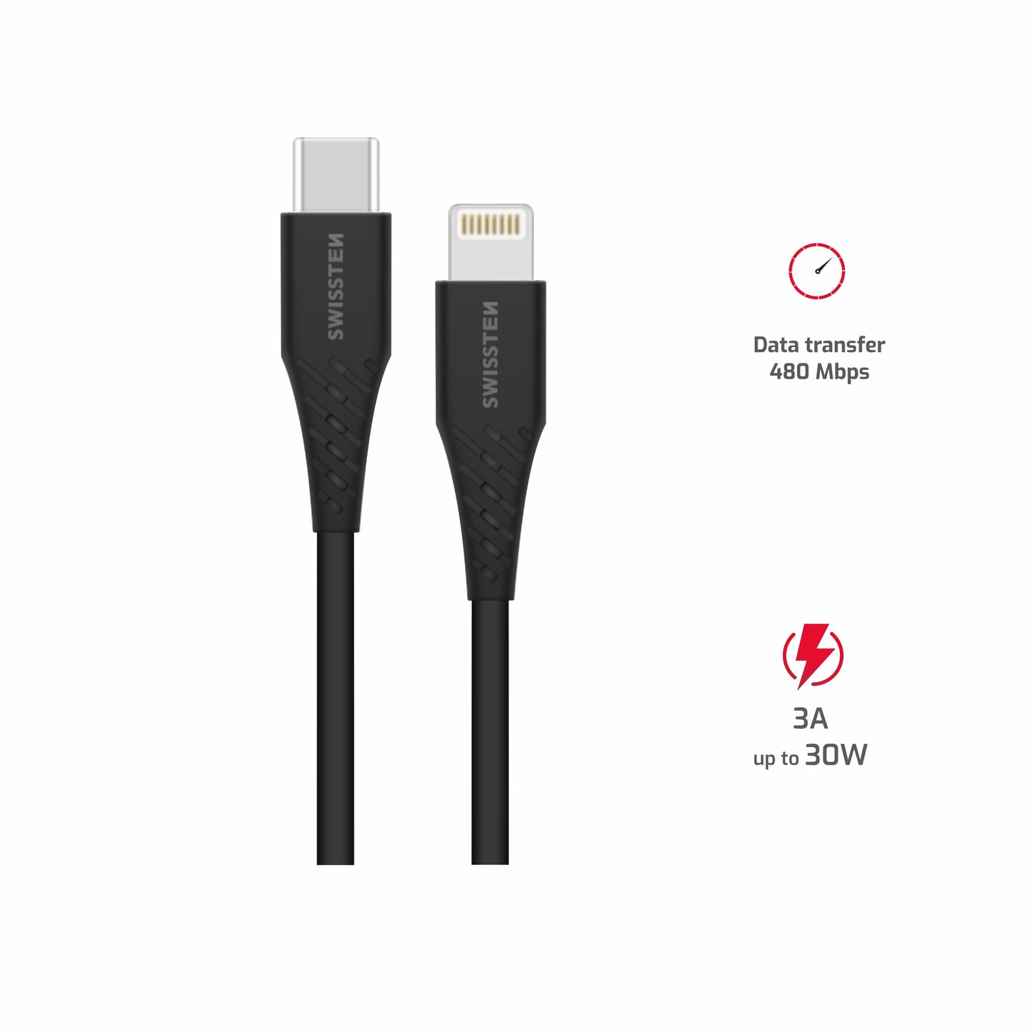SWISSTEN CAVO DATI GOMMATO USB-C / LIGHTNING NERO DA 1 MT 3A 30W 71506513