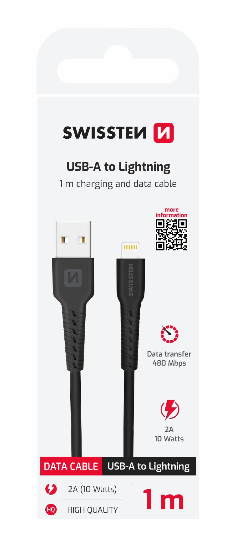 SWISSTEN CAVO DATI GOMMATO USB / LIGHTNING NERO DA 1 MT 2A 10W 71505540