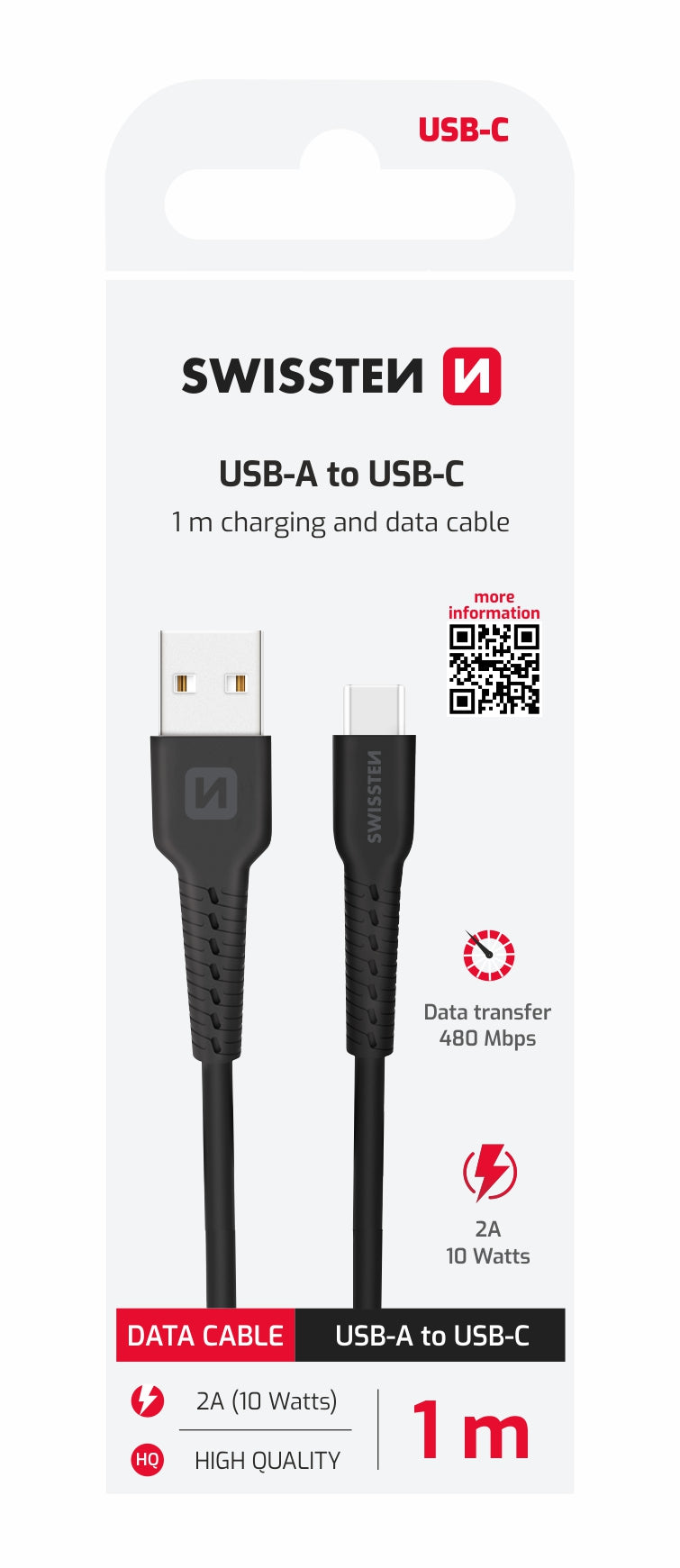 SWISSTEN CAVO DATI GOMMATO USB / USB-C NERO DA 1 MT 2A 10W 71505530