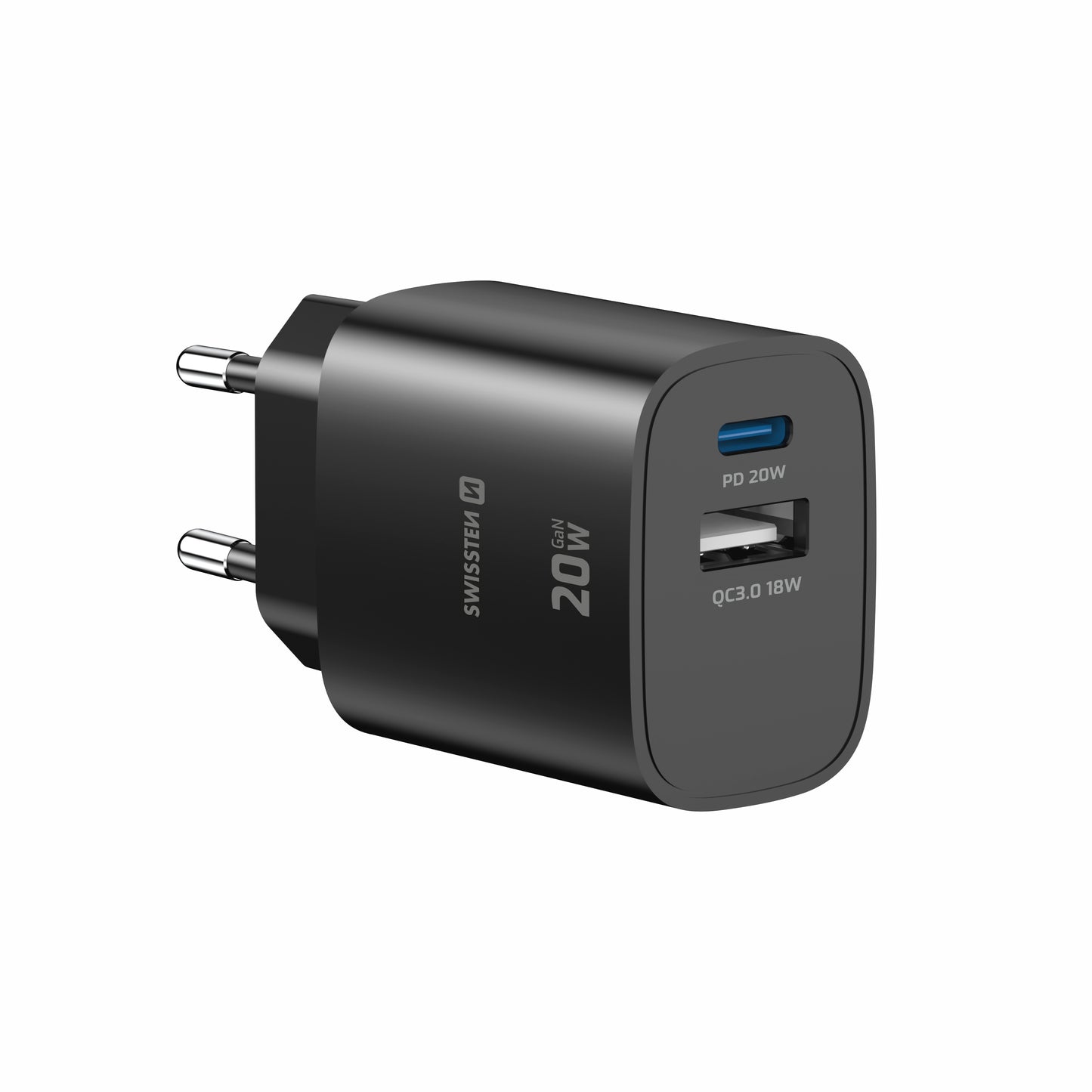 SWISSTEN CARICABATTERIE 20W DUO (USB-A+USB-C) POWER DELIVERY GaN QUICK CHARGER 3.0