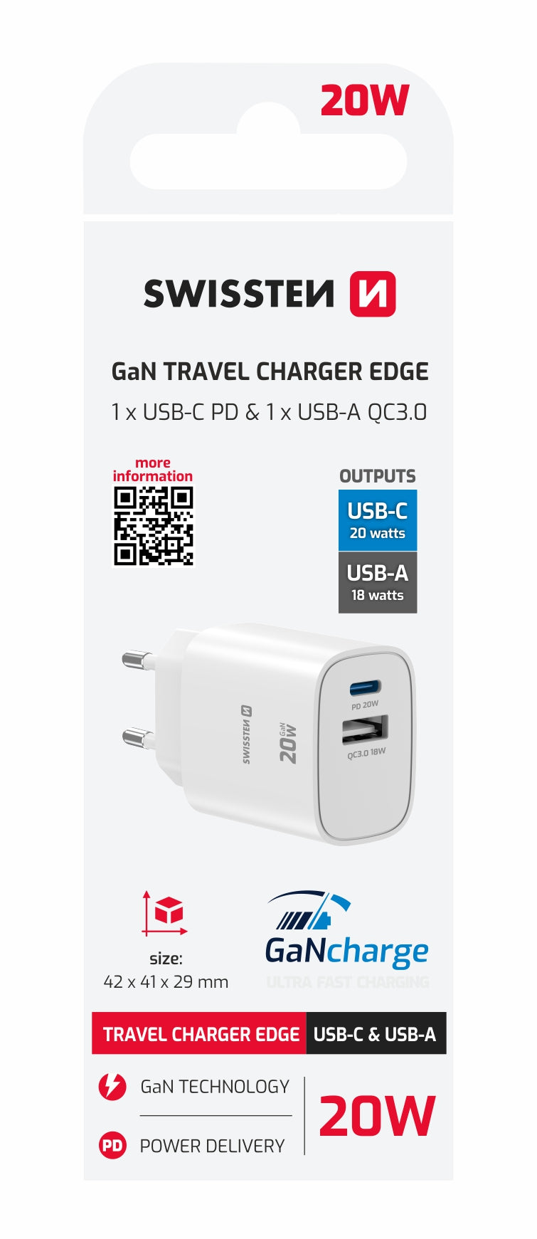 SWISSTEN CARICABATTERIE 20W DUO (USB-A+USB-C) POWER DELIVERY GaN QUICK CHARGER 3.0