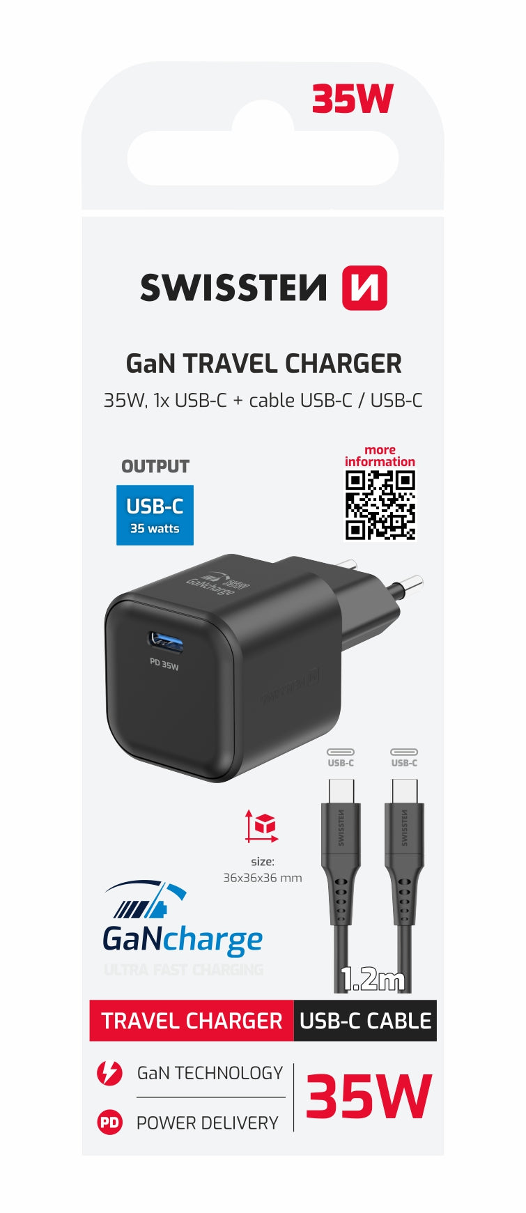 SWISSTEN CARICABATTERIE 35W POWER DELIVERY GaN USB-C CON CAVO USB-C USB-C 60W (480 mb/s)