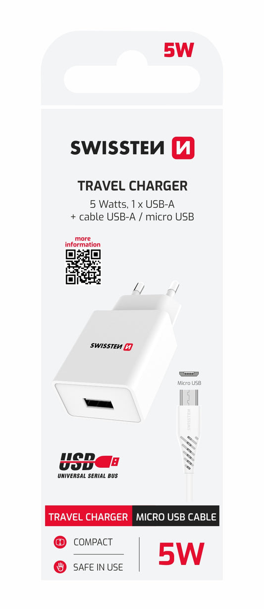 SWISSTEN CARICABATTERIE 5W SMART IC USB CON CAVO USB-A MICRO USB 22061000