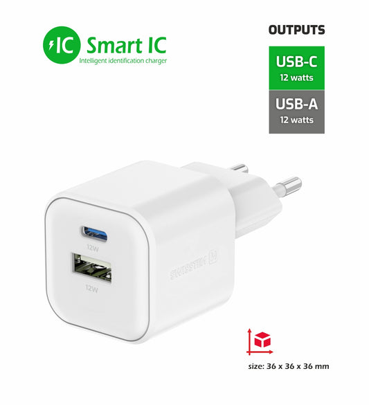 SWISSTEN CARICABATTERIE 12W DUO (USB-A+USB-C) 22071500