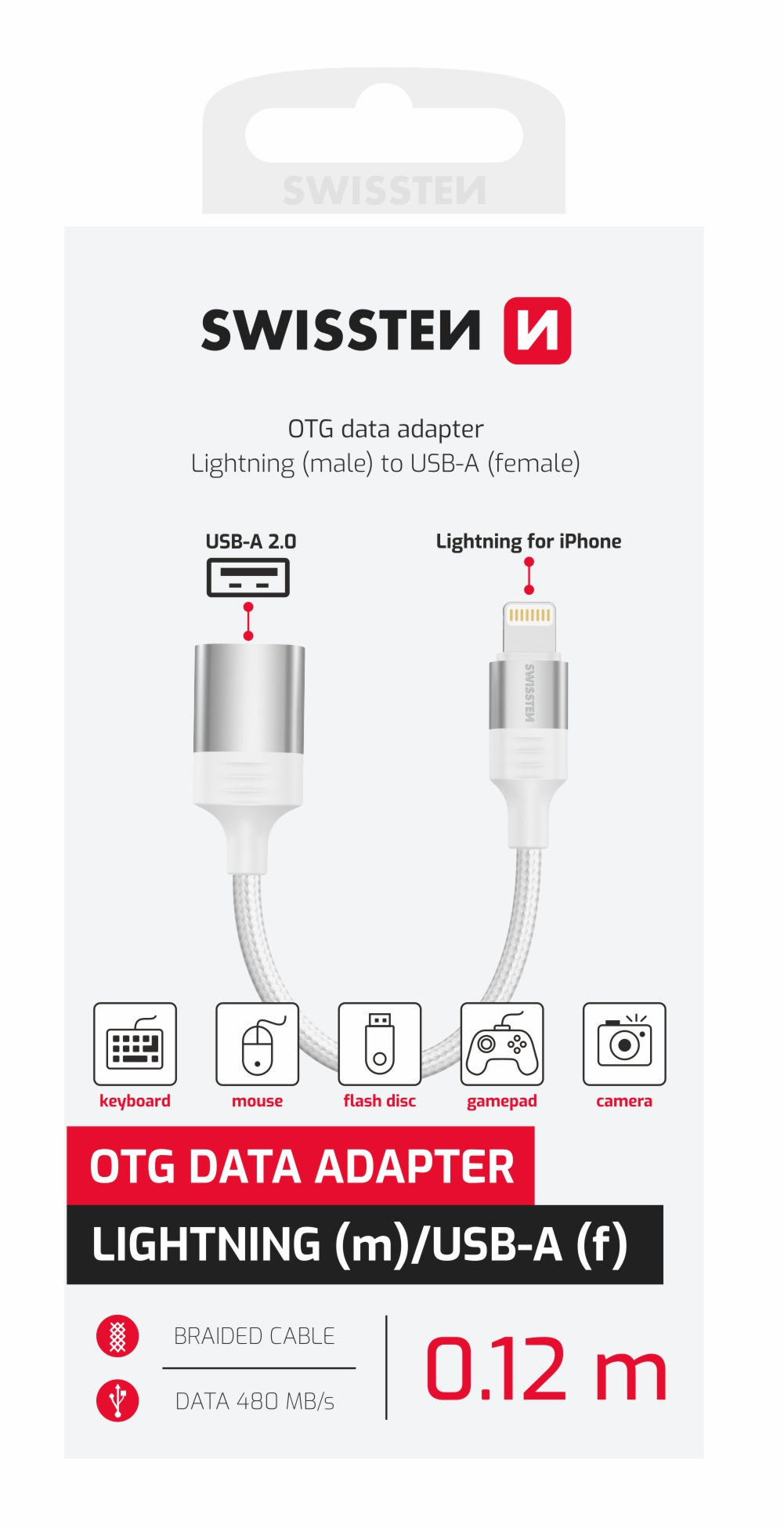 SWISSTEN ADATTATORE DI RICARICA ED OTG (TRASFERIMENTO DATI FINO A 480 MB/s) DA USB-A A LIGHTNING 73501218