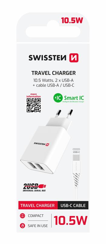 SWISSTEN CARICABATTERIE 10,5W DUE PORTE USB-A 2.1A CON CAVO USB-A USB-C 22053000