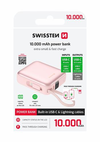 SWISSTEN POWER BANK 10000mAh CON LED DISPLAY E CAVI INTEGRATI USB-C E LIGHTNING 22.5W 22013985
